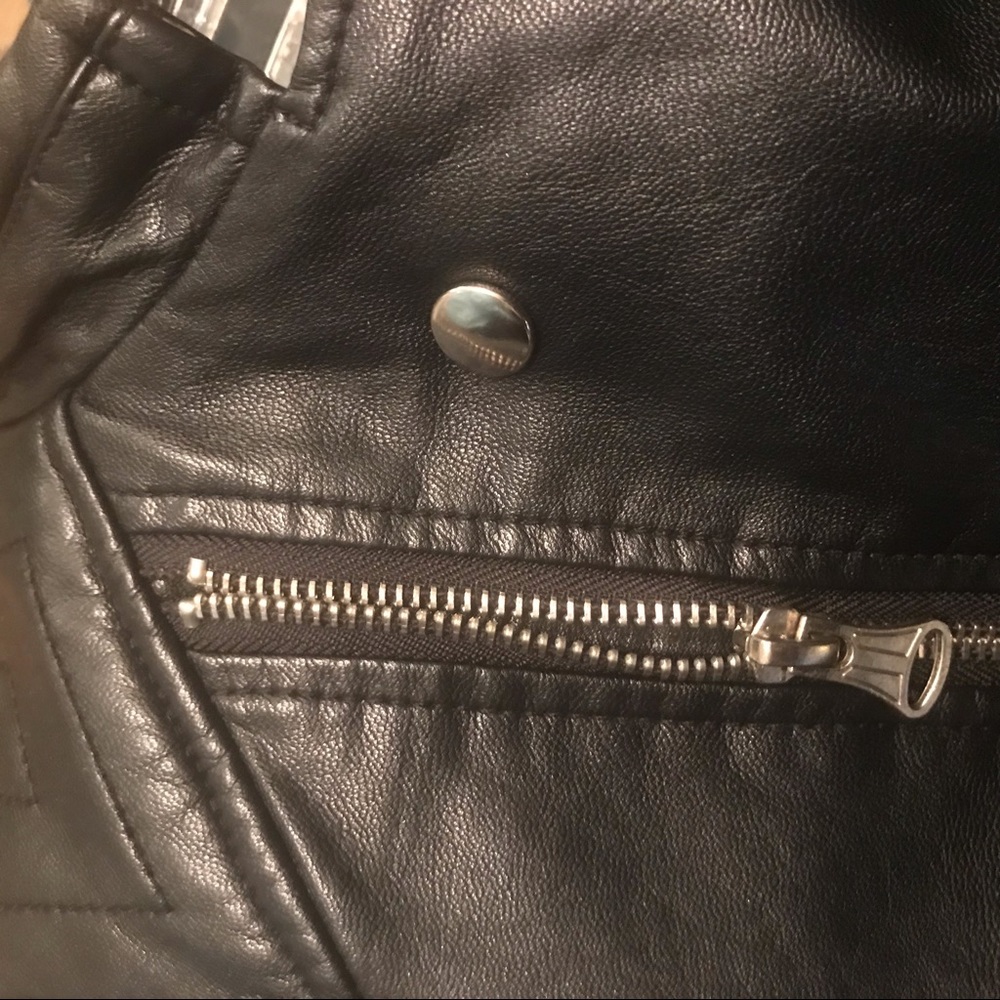 Black Vegan leather bomber jacket w/ polished silver detail.  Size small - Picture 6 of 8